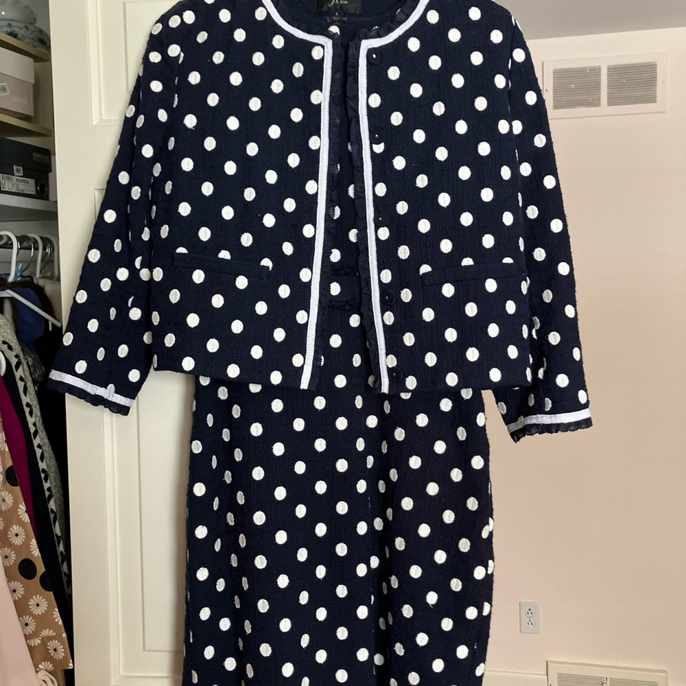 J. Crew Navy and White Polka Dot Midi Dress with Matching Jacket